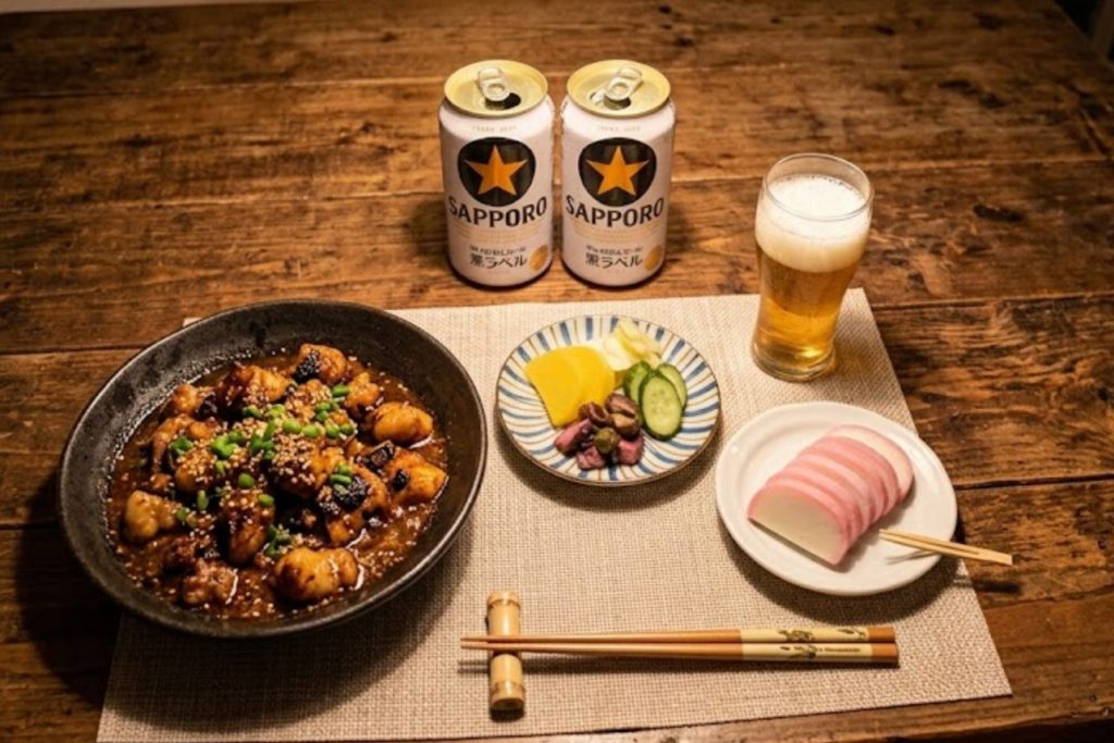 ビールとホルモン焼き、練り物製品など塩分高めの晩酌定番セット