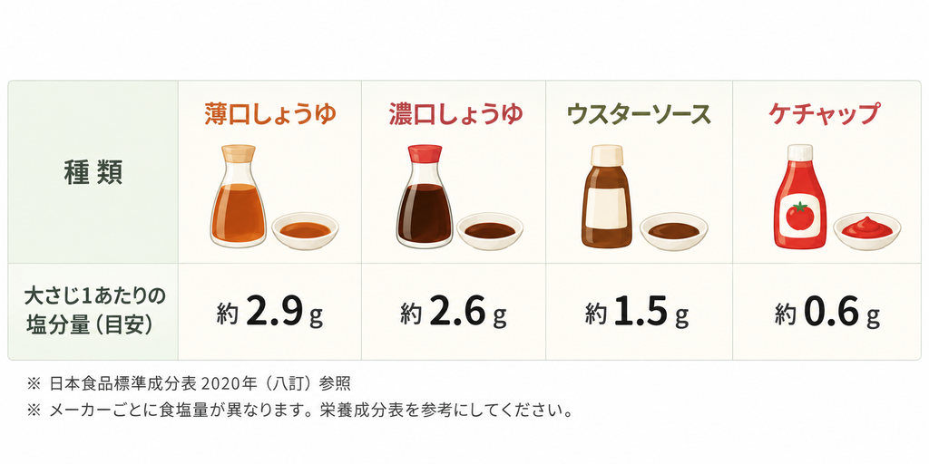 それぞれの調味料に含まれる塩分量比較画像